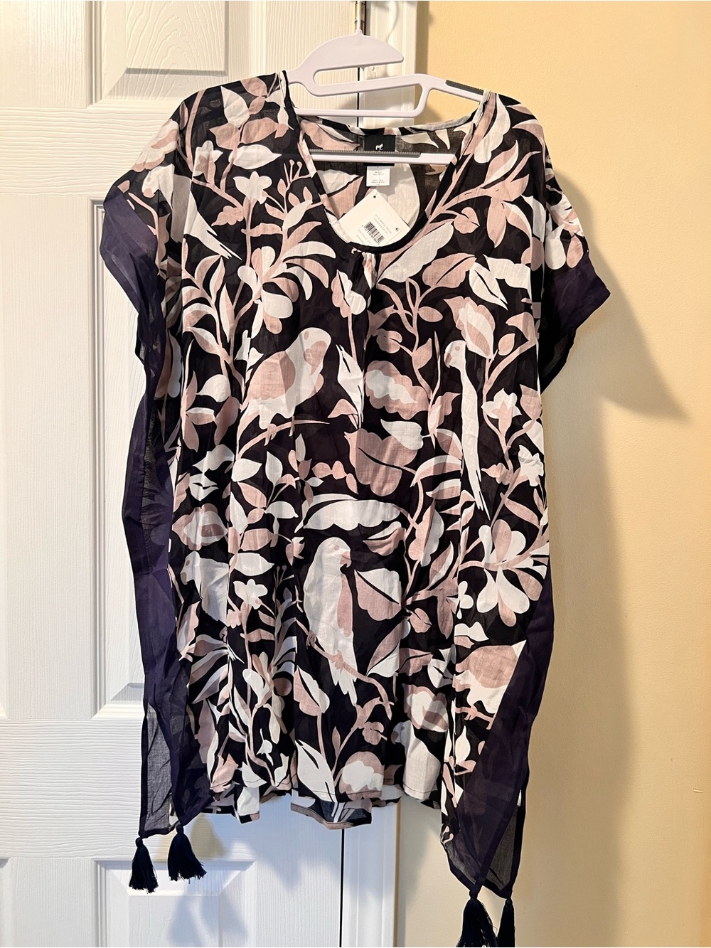 Floral Bird Print Swim Coverup - Navy & Blush
